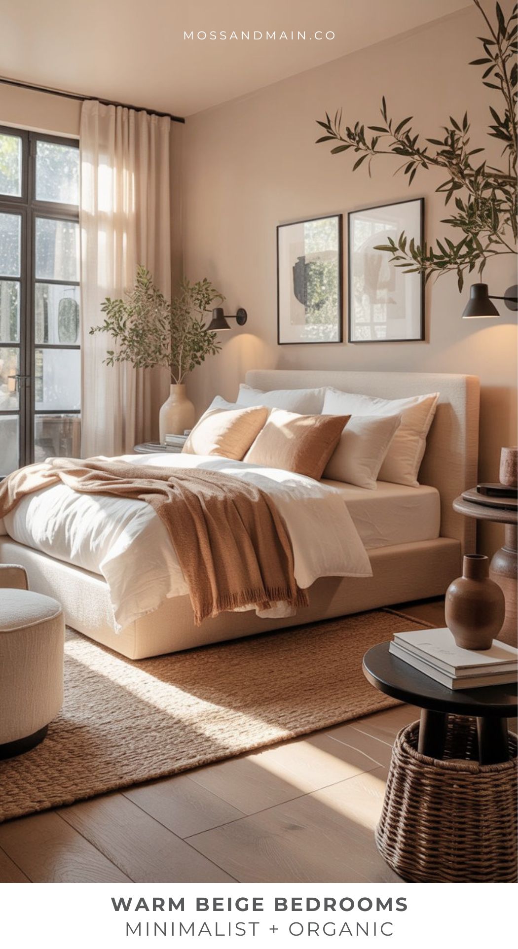 A cozy bedroom in warm beige tones features white and beige bedding, a woven rug, round ottoman, side tables with plants, and large windows letting in natural light—perfect for inspiring new bedroom ideas. Text reads: Warm Beige Bedrooms Minimalist + Organic.