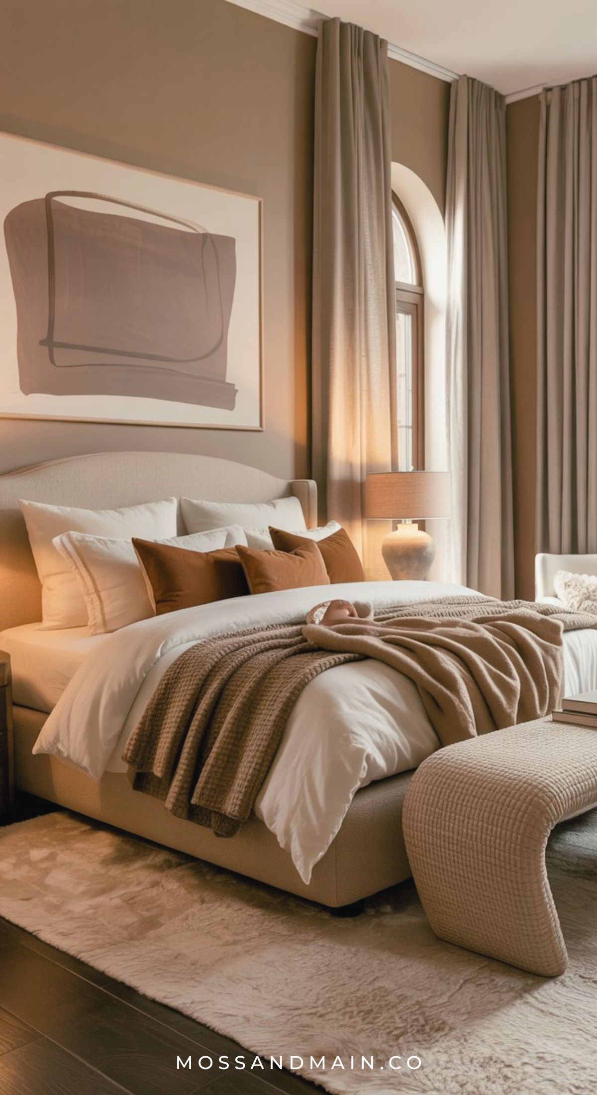 A cozy, modern bedroom featuring a beige upholstered bed with white and brown bedding, abstract wall art, large windows, and taupe curtains—perfect inspiration for cozy bedroom ideas or anyone seeking an earthy bedroom retreat.