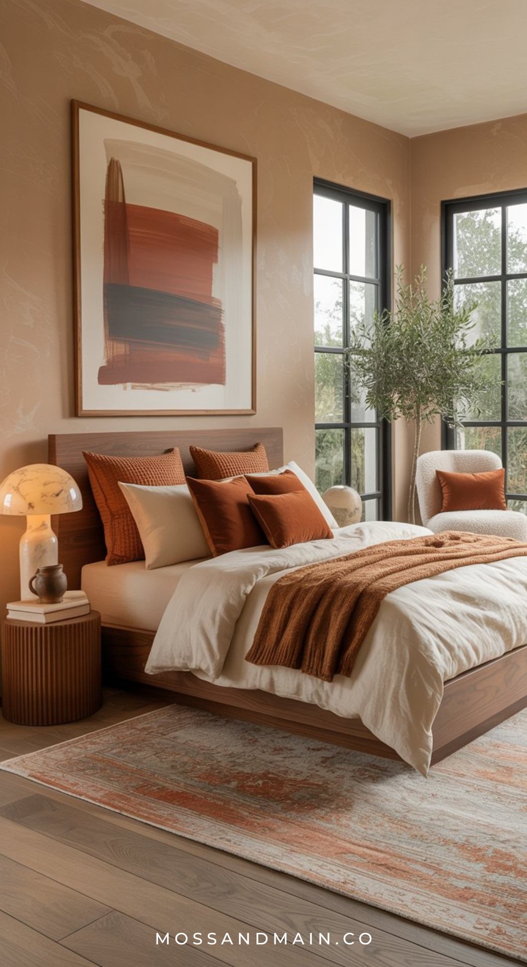 A modern earthy bedroom with a wooden bed, rust-colored pillows and blanket, abstract art above the bed, large windows, an indoor plant, and a soft rug. Warm earth tones create a cozy rust orange bedroom atmosphere.