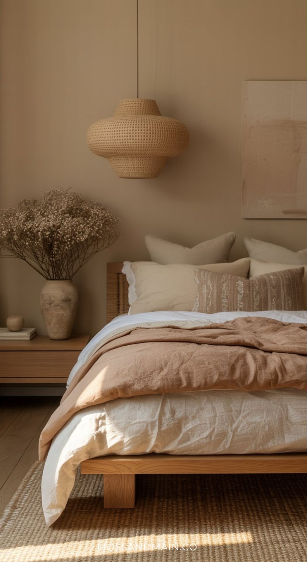 A cozy, minimalist bedroom with neutral tones serves as a slow-living sanctuary, featuring a wooden bed, beige and white bedding, textured pillows, a woven pendant light, dried flowers in a vase, and sunlight streaming softly in.