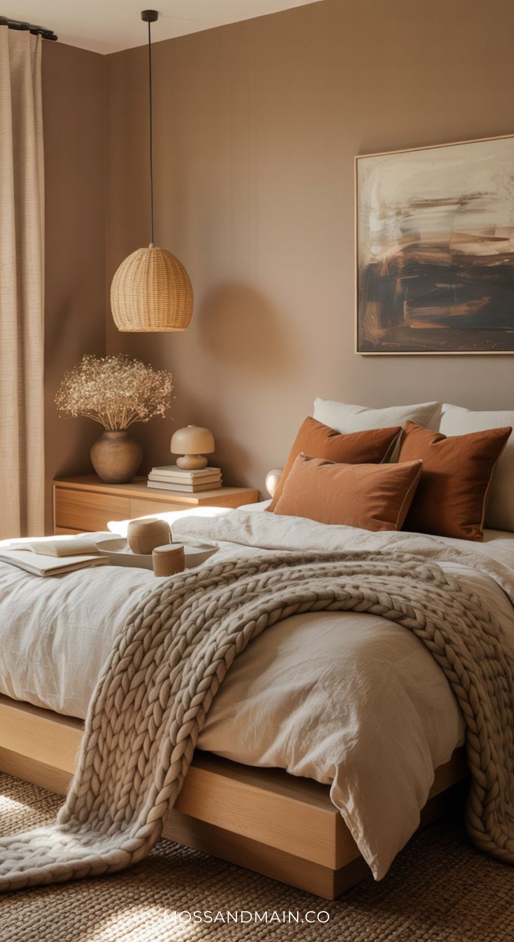 Cozy layered bedroom with a wooden bed, white bedding, chunky knit blanket, rust-colored pillows, and a bedside table with vases and dried flowers. A woven pendant light and abstract wall art complete this slow-living sanctuary.