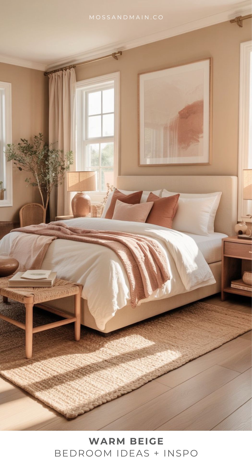 A cozy bedroom with beige walls, a neatly made bed with white and beige bedding, tan throw pillows, wooden nightstands, woven rugs, and soft natural light. This beige bedroom features plants and framed wall art for fresh bedroom ideas.