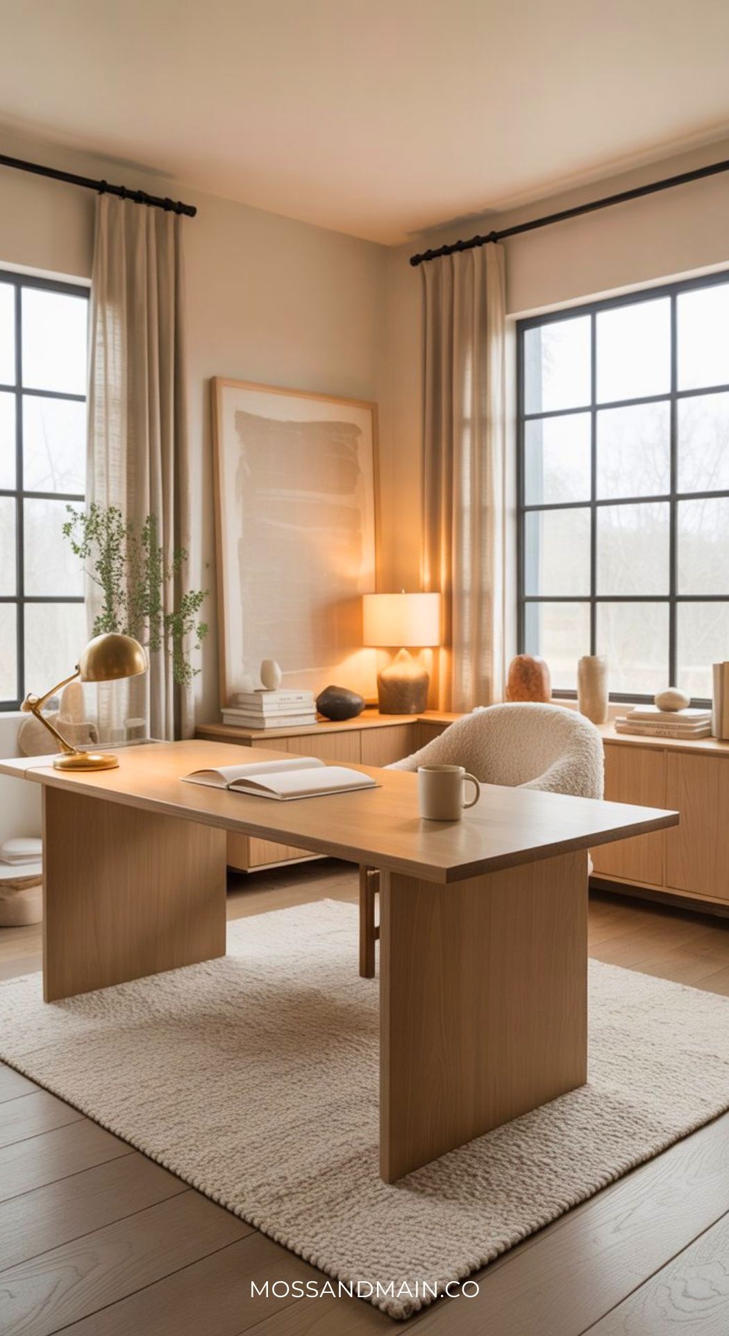 A modern minimalist office design with large windows, light wood furniture, a neutral rug, a desk with books and a mug, a lamp, decorative objects, and a cozy chair. Soft natural light fills the calming and inviting space.