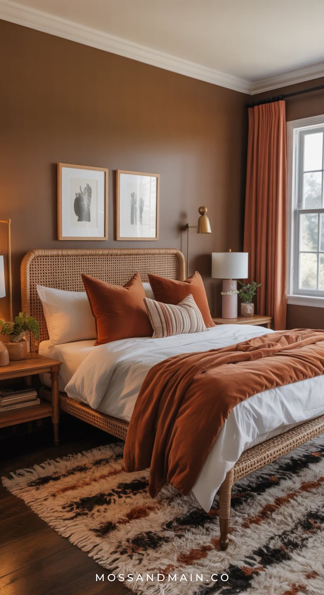 A cozy earthy bedroom with brown walls, a rattan bed frame, rust and white bedding, matching rust curtains, modern lamps, framed art above the bed, and a patterned rug on a dark wood floor—perfect for brown bedroom ideas.
