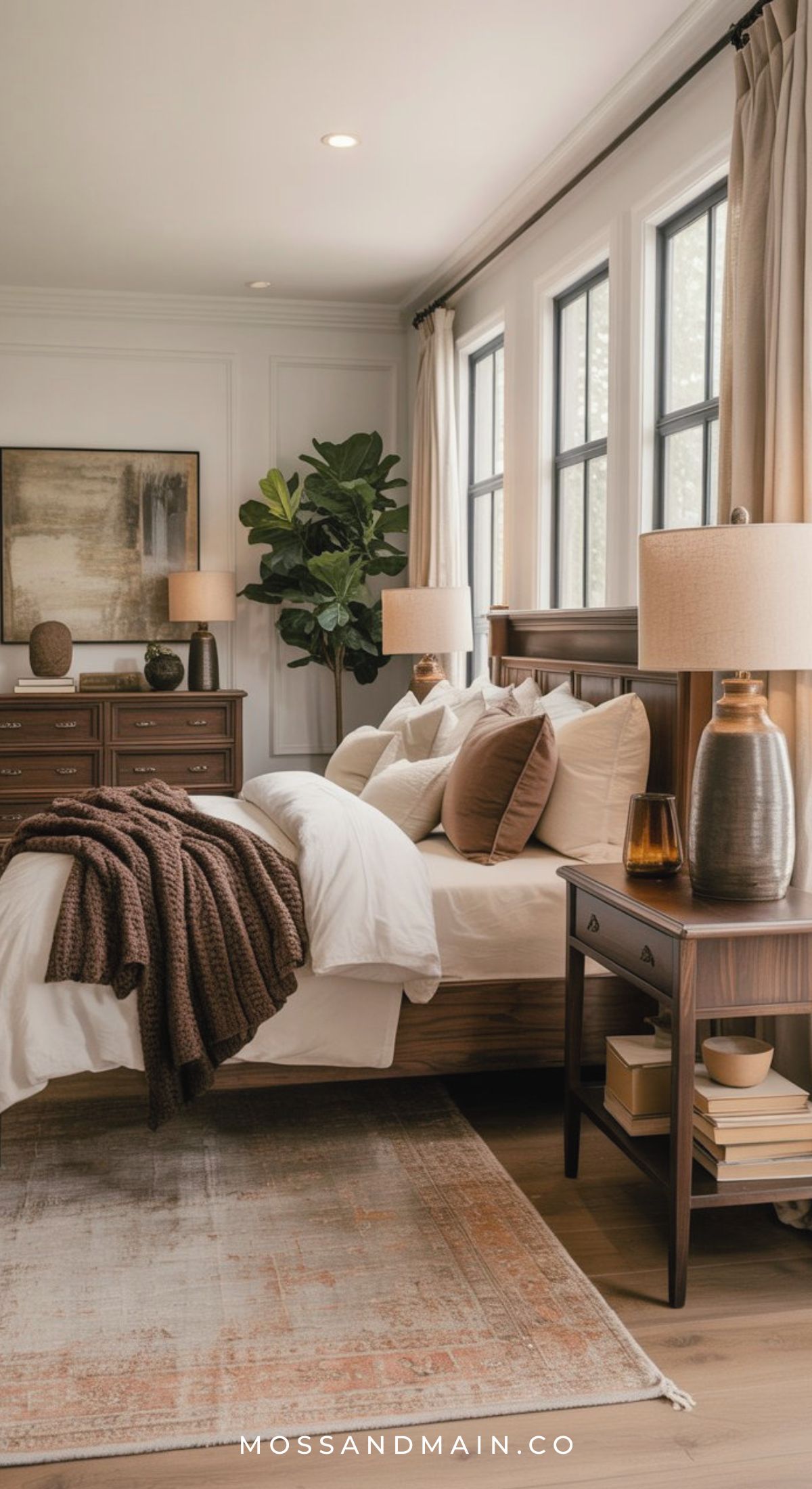 A cozy, modern bedroom with brown and white accents features a neatly made bed, plush pillows, wooden nightstand and dresser, earthy touches like a large potted plant, table lamps, and sunlight streaming through three large windows.