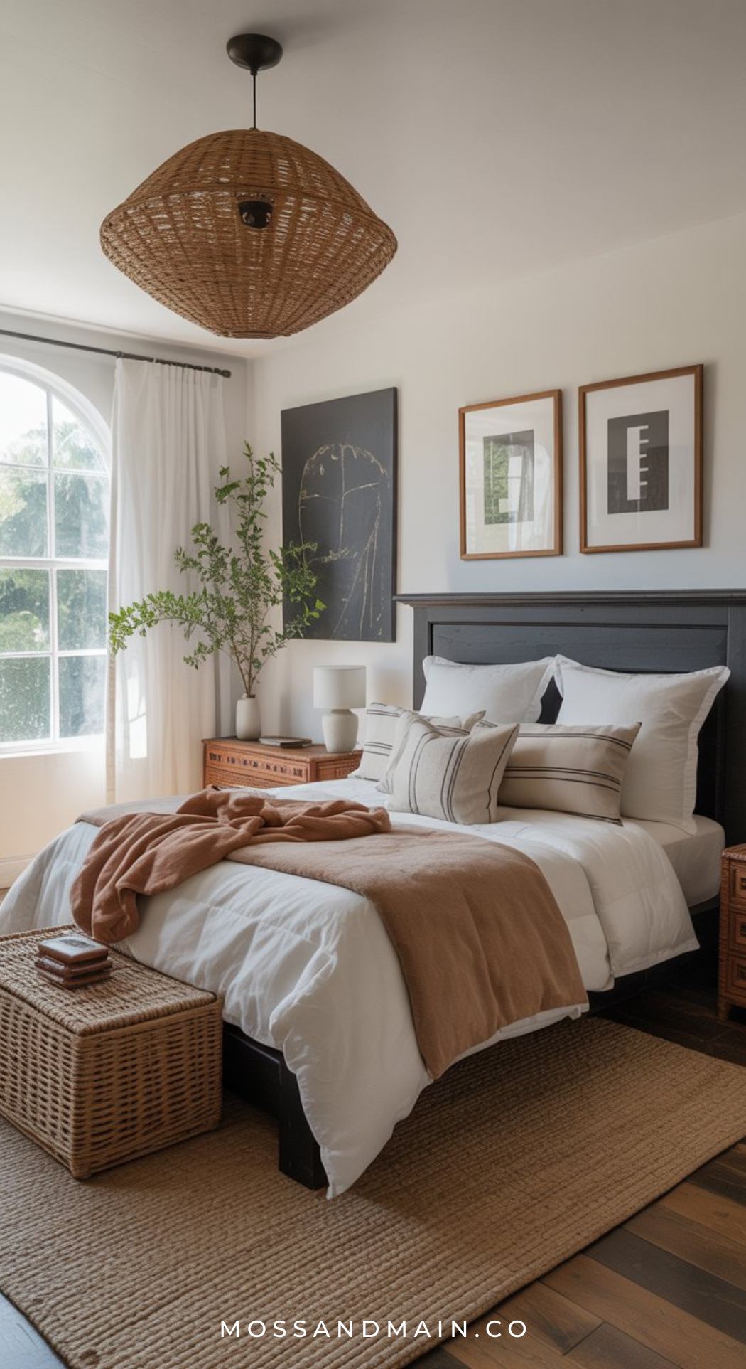 A cozy, well-lit black white and brown bedroom features a black bed frame, white bedding, and tan accents. Two framed artworks hang above the bed, with a woven light fixture, wood nightstands, plants, and a large arched window in the background.