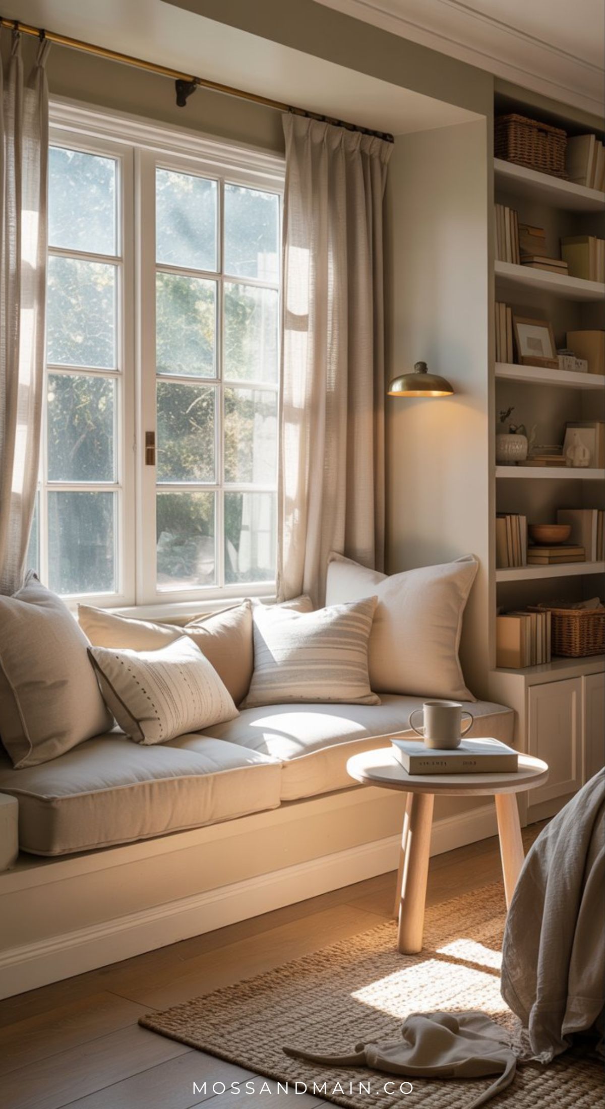 A cozy reading nook with a cushioned bench by a sunlit window, neutral pillows, and shelves of books offers the perfect little escape. A round wooden table holds a mug and book, framed by soft beige curtains for added comfort.