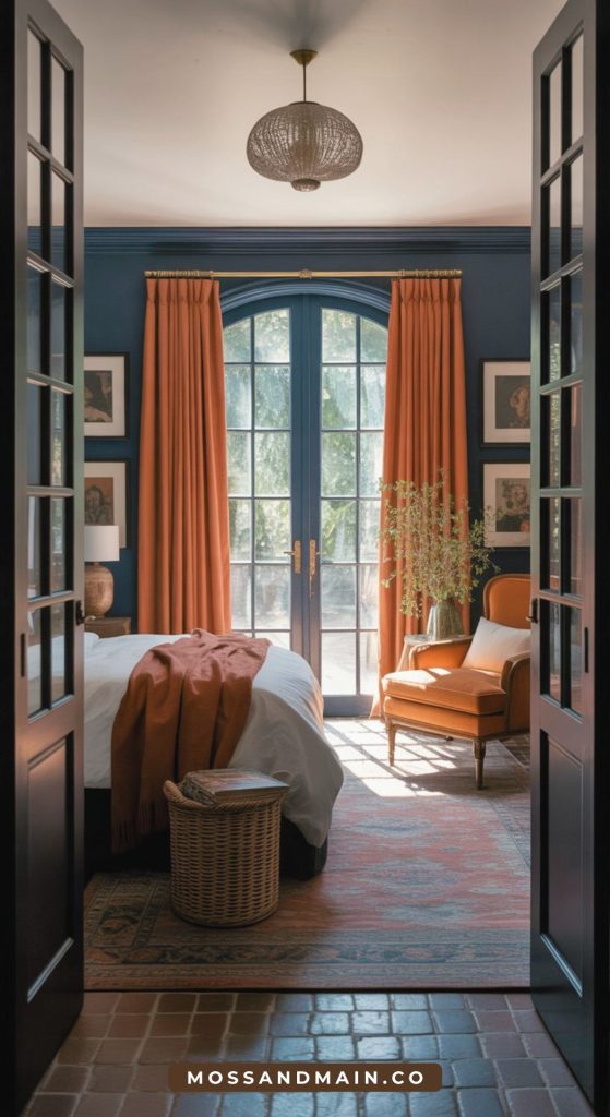 A cozy bedroom with dark blue walls, terracotta curtains, a large window, and framed art. The bed has white linens and an orange throw. A rust-toned armchair sits by the window, and a woven basket is at the foot of the bed.