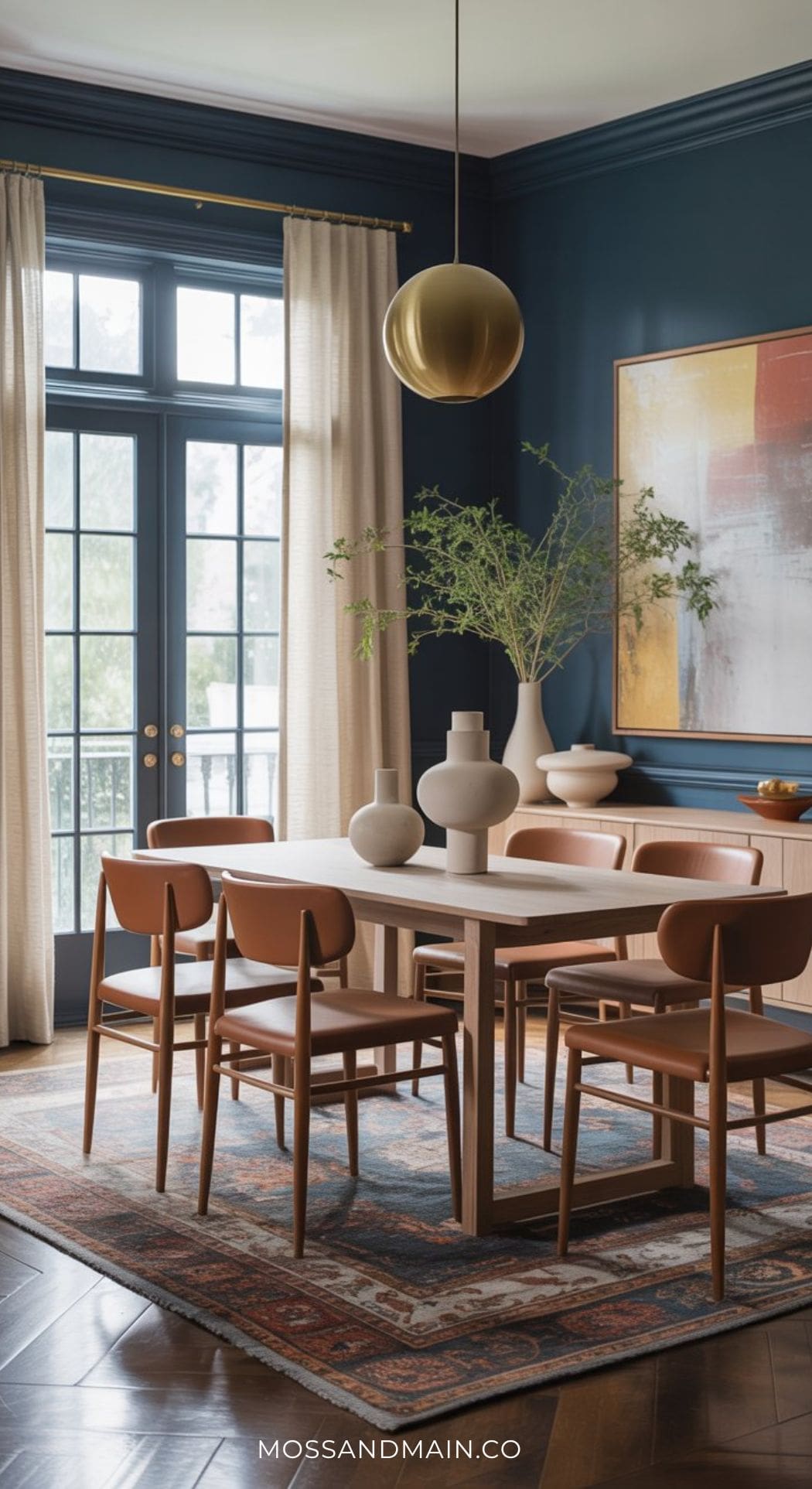A modern blue dining room guide: wooden table, six brown chairs, neutral vases, patterned rug, large abstract wall art, dark blue walls with cream curtains, and glass doors letting in natural light—perfect for exploring stylish dining room shades.