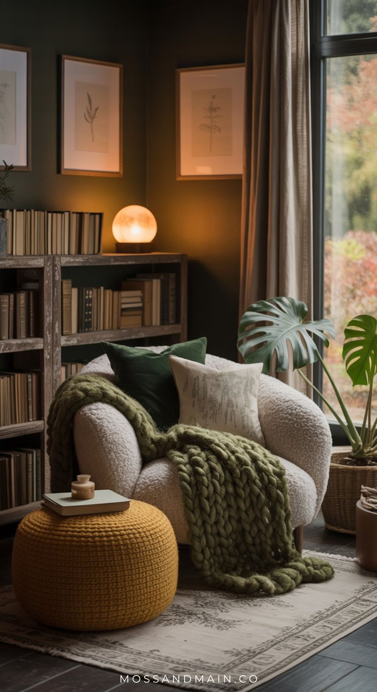A cozy reading nook, perfect for little escapes, features a plush white armchair with green knitted throws, a mustard pouf, bookshelves brimming with books, botanical art on dark walls, a glowing lamp, and a large window with an outdoor view.