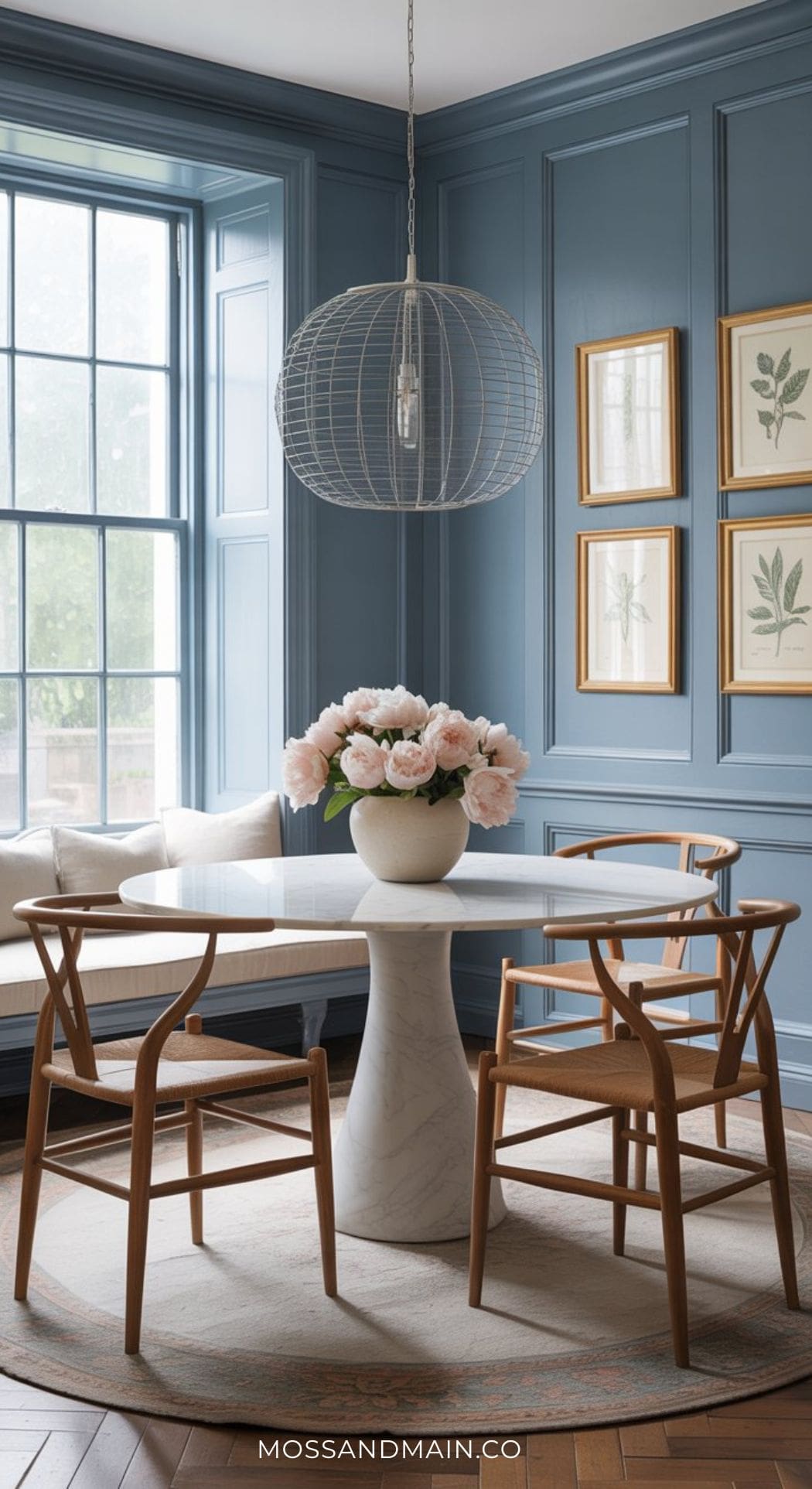 A round white marble dining table with four wooden chairs sits in this blue-paneled space. A vase of pink flowers, a large window, and botanical prints complete the look—perfect inspiration for Blue Dining Room Ideas.