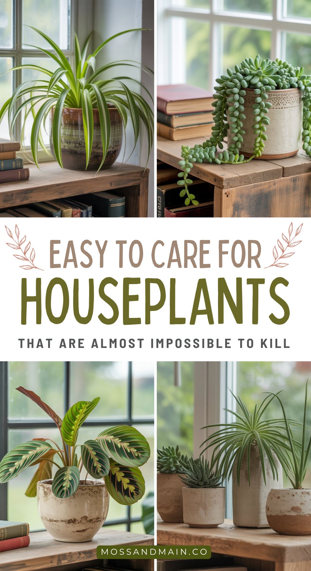 A collage of four low maintenance plants in pots on wooden surfaces by sunlit windows, with the text: Easy to care for houseplants that are almost impossible to kill.