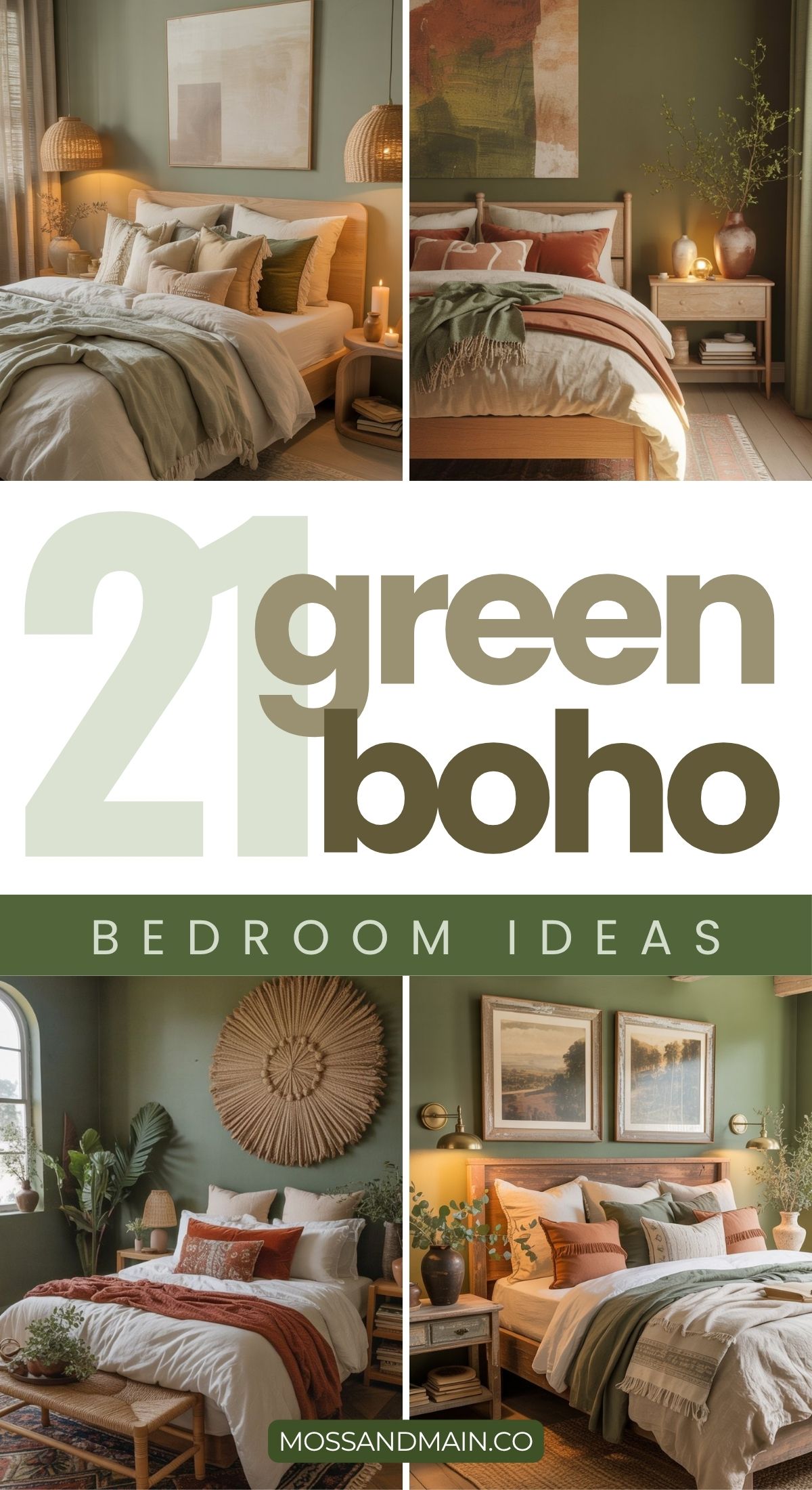 A collage of earthy, green boho bedroom spaces with cozy beds, natural textures, and eclectic decor, labeled 21 Green Boho Bedroom Ideas from mossandmain.co.