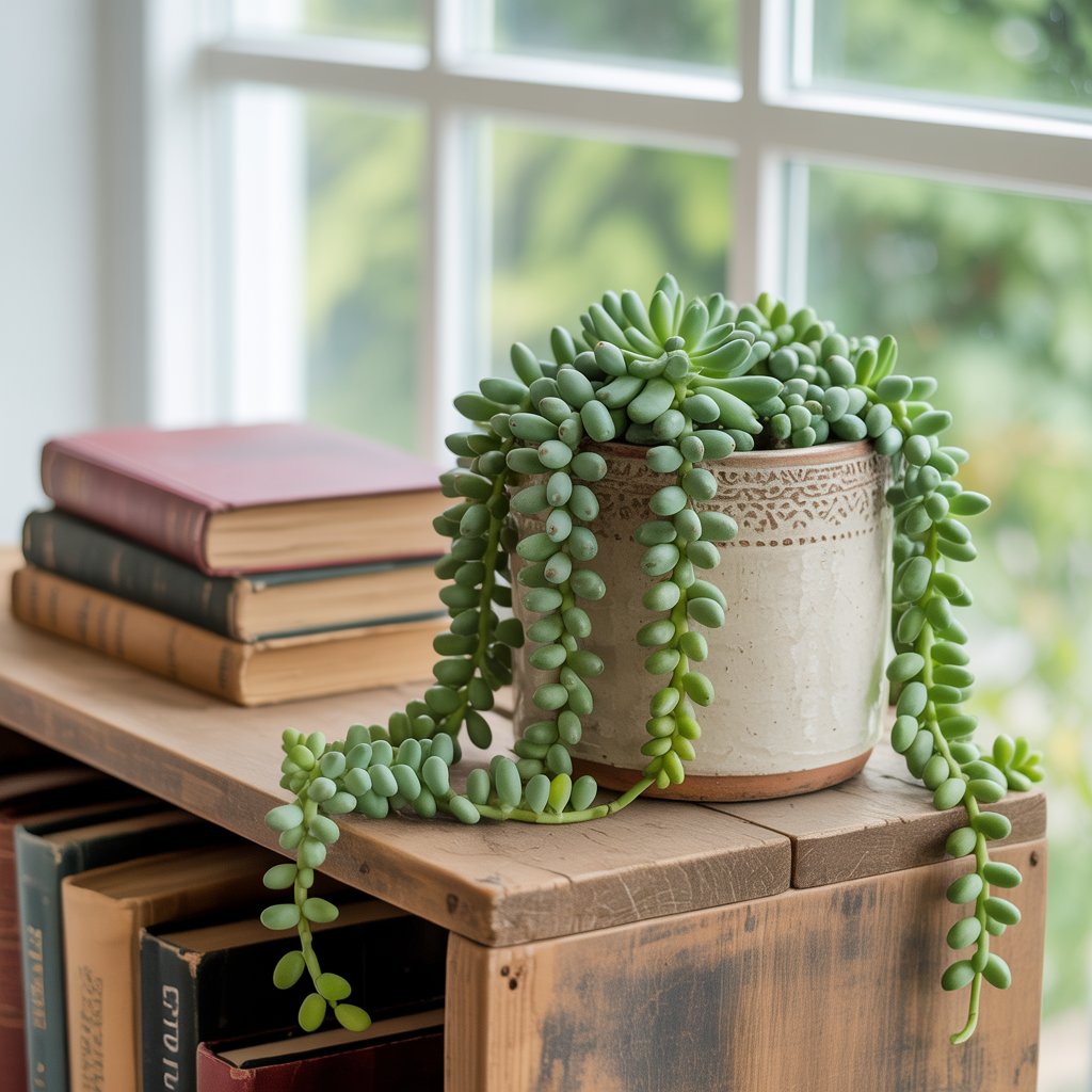 A potted succulent—one of the easiest to care for houseplants with trailing vines—sits on a wooden shelf next to stacked books, with more below. Sunlight streams in from a window, creating a cozy, inviting atmosphere.