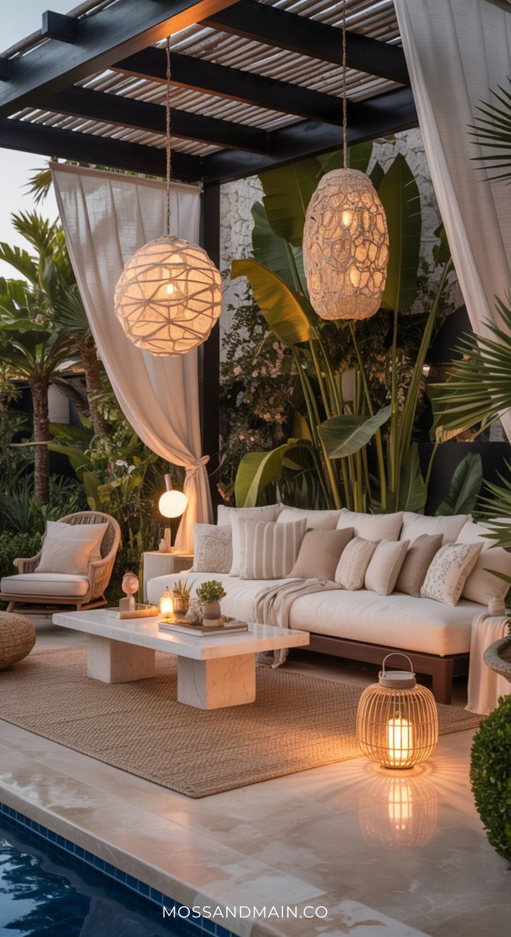 Outdoor patio with white sofa, neutral pillows, and a low table, decorated with plants and glowing lantern lights. Sheer curtains frame this cozy patio beside the pool, creating an elegant atmosphere at dusk—perfect for backyard luxury.