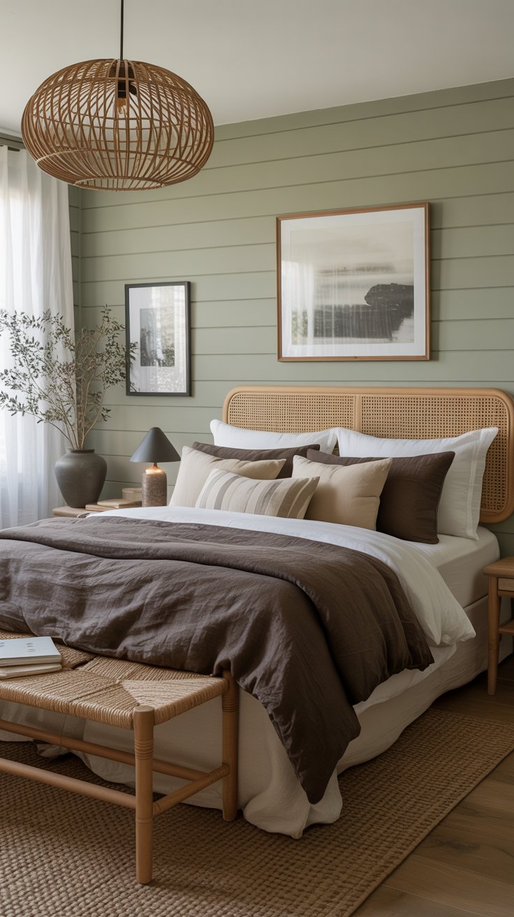 A cozy mocha bedroom sanctuary with sage green shiplap walls, a rattan headboard, neutral bedding, wicker bench, and framed art. Soft light through sheer curtains creates a calm atmosphere perfect for slow-living.