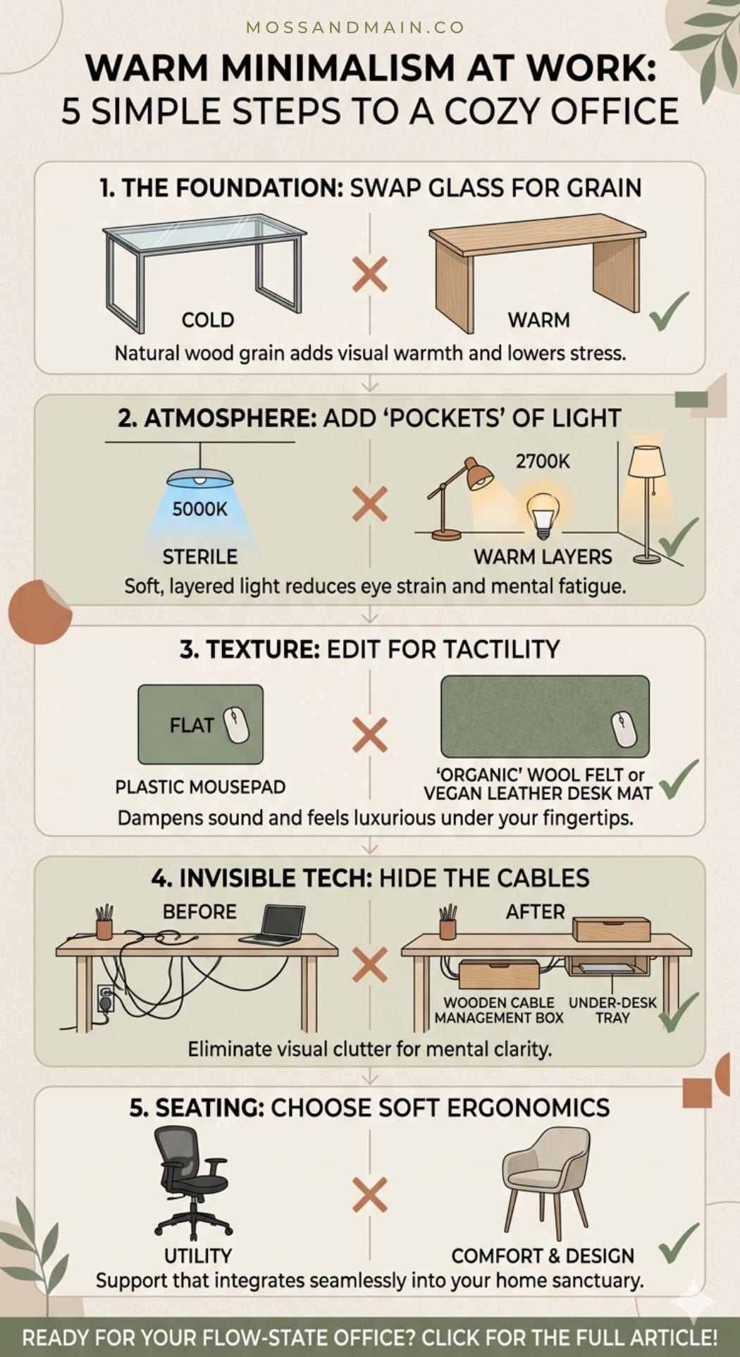 Infographic titled Warm Minimalism at Work: 5 Simple Steps to a Cozy Office with labeled illustrations highlighting a warm home office through wood grain desks, warm lighting, textured accessories, hidden cables, and ergonomic seating.