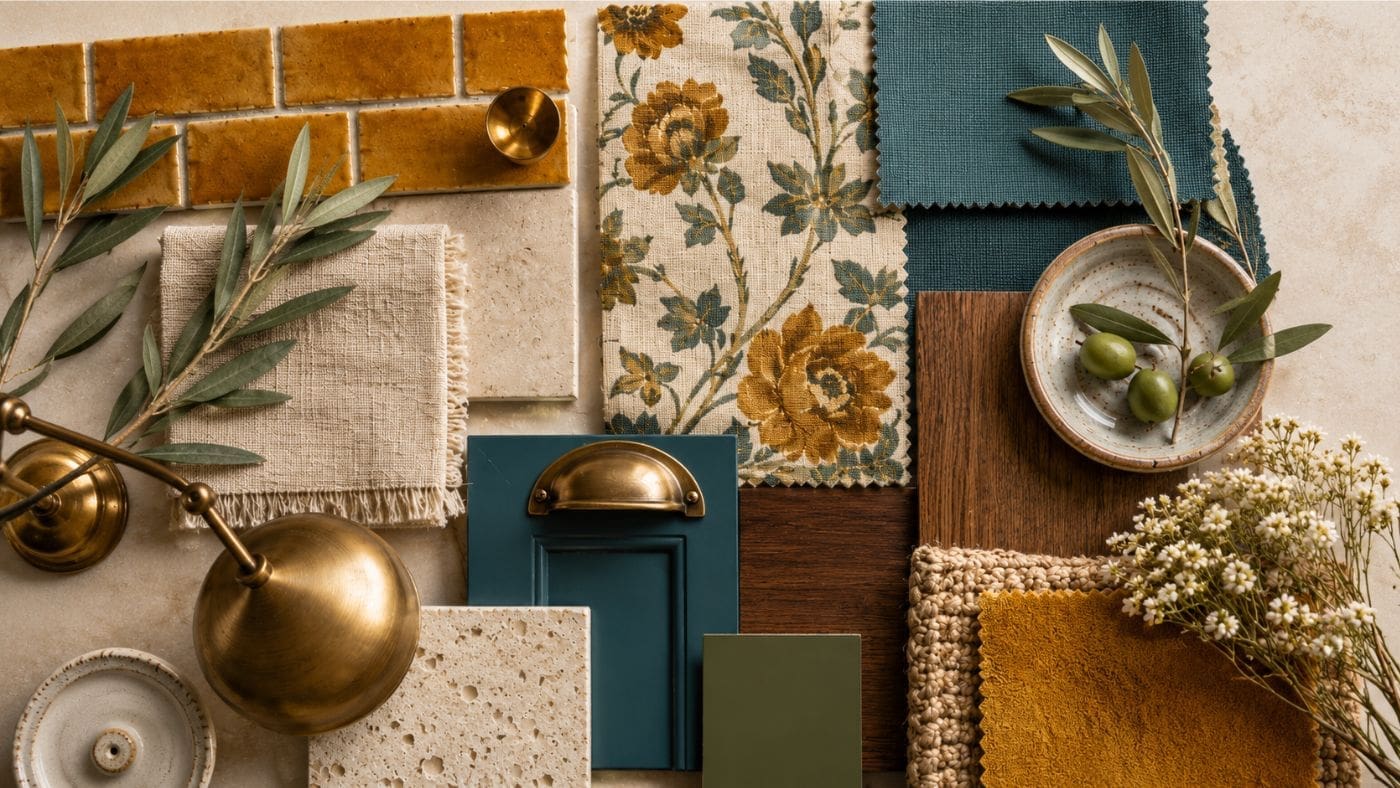 A flat lay of interior design materials, including textured fabrics, floral prints, a blue and mustard color palette with tiles, brass hardware, sample paint cards, wood, a bowl with green olives, olive branches, and small white flowers.