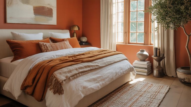 A cozy earthy bedroom with burnt orange walls, a bed with white and rust-colored bedding, pillows, and a woven blanket. Sunlight streams through sheer curtains. Decor includes a plant, vases, books, and modern art accents.