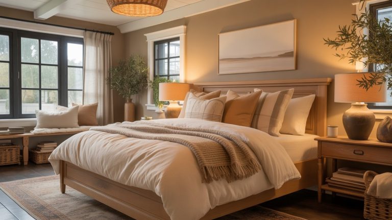 A calm bedroom with a wooden bed, white and beige bedding, soft pillows, warm lighting, plants, a window seat with cushions, and large windows letting in natural light—perfect for those seeking beige bedroom ideas.