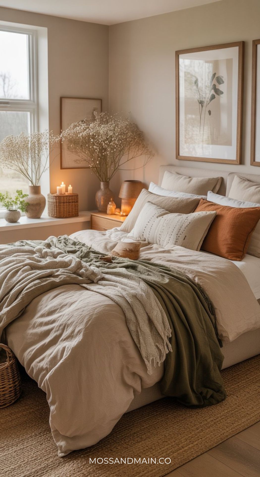 A warm bedroom with neutral bedding, layered pillows, a green throw, and a blanket. Framed botanical prints, dried flowers in vases, lit candles, and natural light from a window create earthy and inviting beige bedroom ideas.